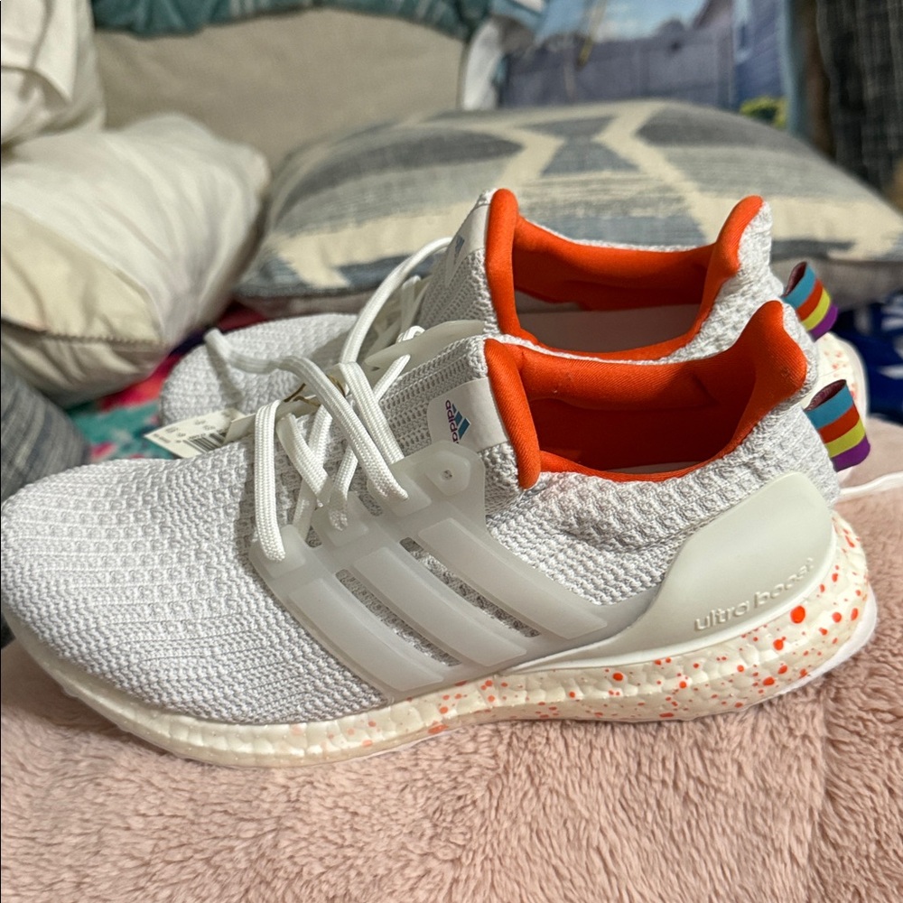 NWOB Adidas Ultra Boost White and Orange Sneakers - Women’s size 8